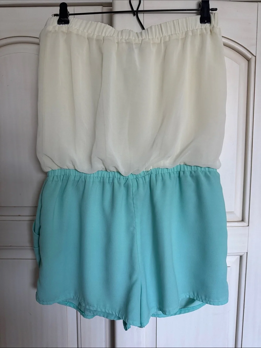 Lucca Couture Cream and Mint Colorblock Mini Skirt with Front Tie